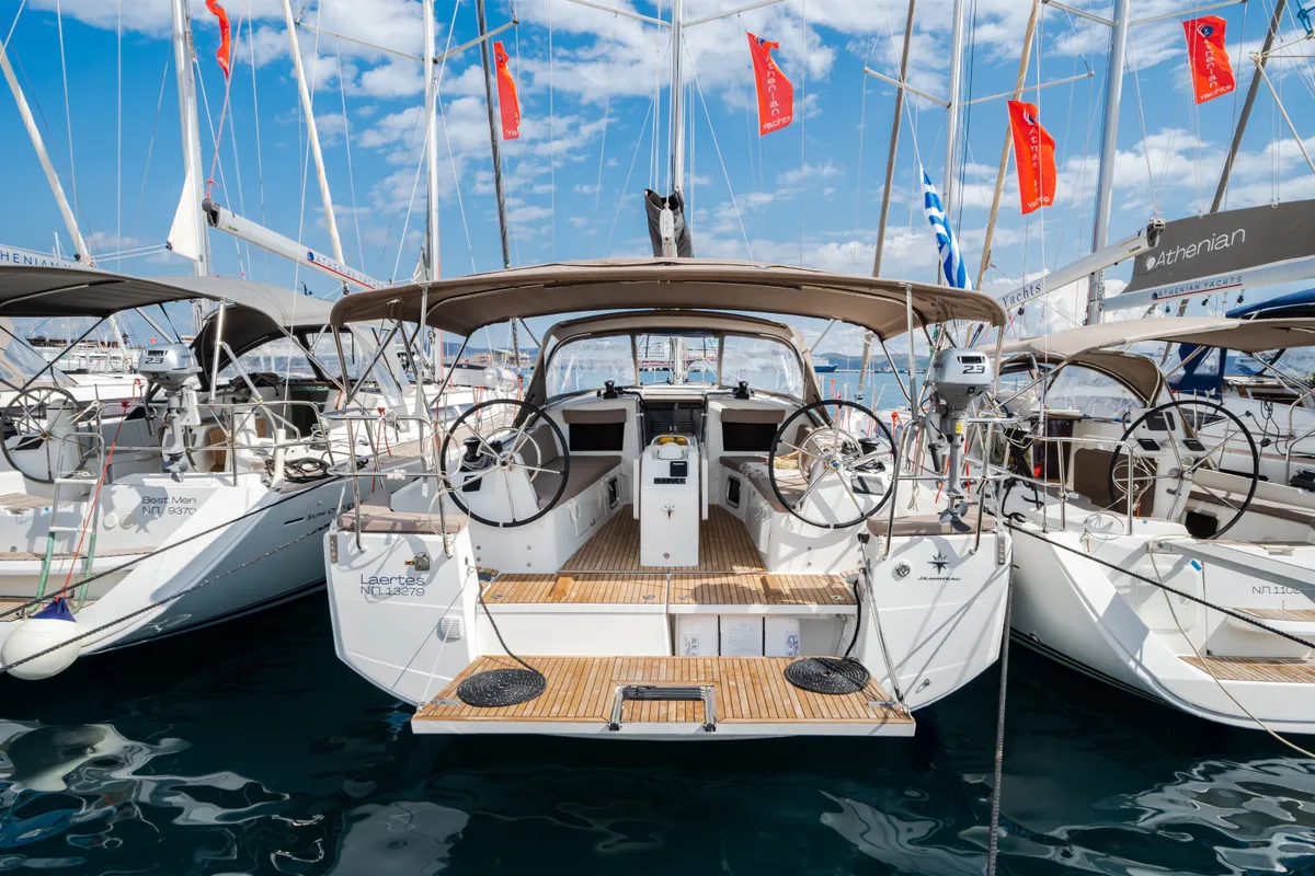 Exterior view of Laertes, a Jeanneau Sun Odyssey 410 sailboat at Kos, Greece