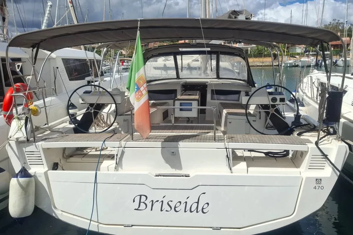 Exterior view of Briseide, a Dufour 470 sailboat at Cagliari, Italy