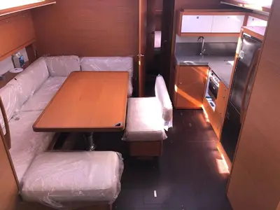 Salon of Briseide, a Dufour 470 sailboat at Cagliari, Italy