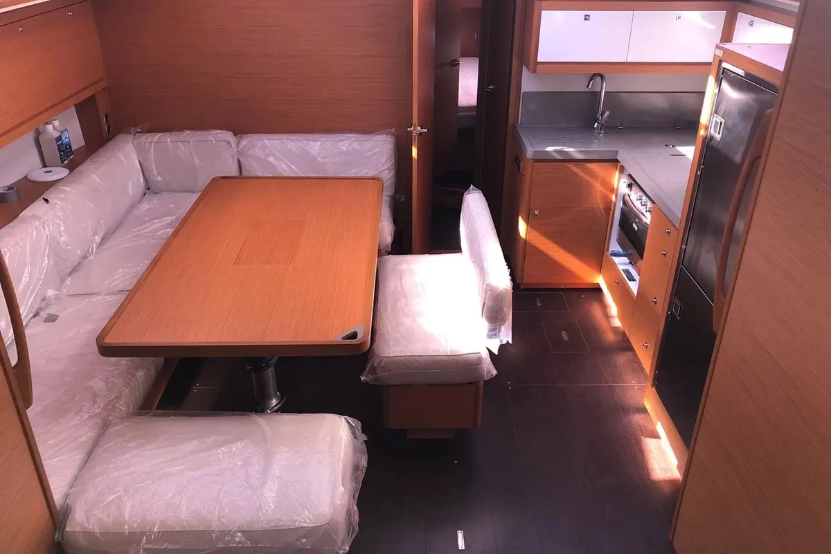 Salon of Briseide, a Dufour 470 sailboat at Cagliari, Italy