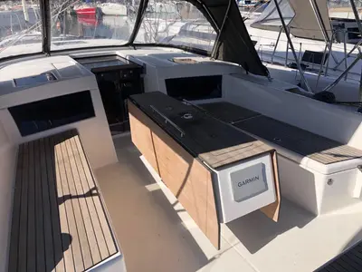 Deck of Briseide, a Dufour 470 sailboat at Cagliari, Italy
