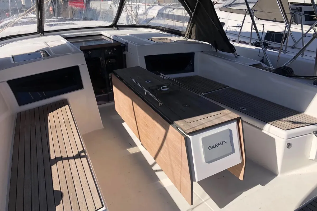 Deck of Briseide, a Dufour 470 sailboat at Cagliari, Italy