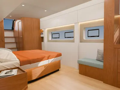 Cabin on XIFIAS, a Bali 5.2 catamaran at Athens, Greece