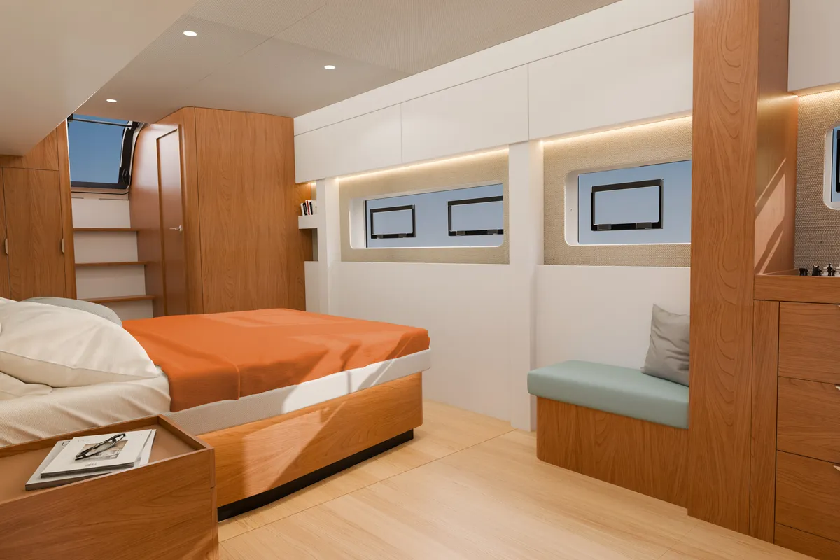 Cabin on XIFIAS, a Bali 5.2 catamaran at Athens, Greece