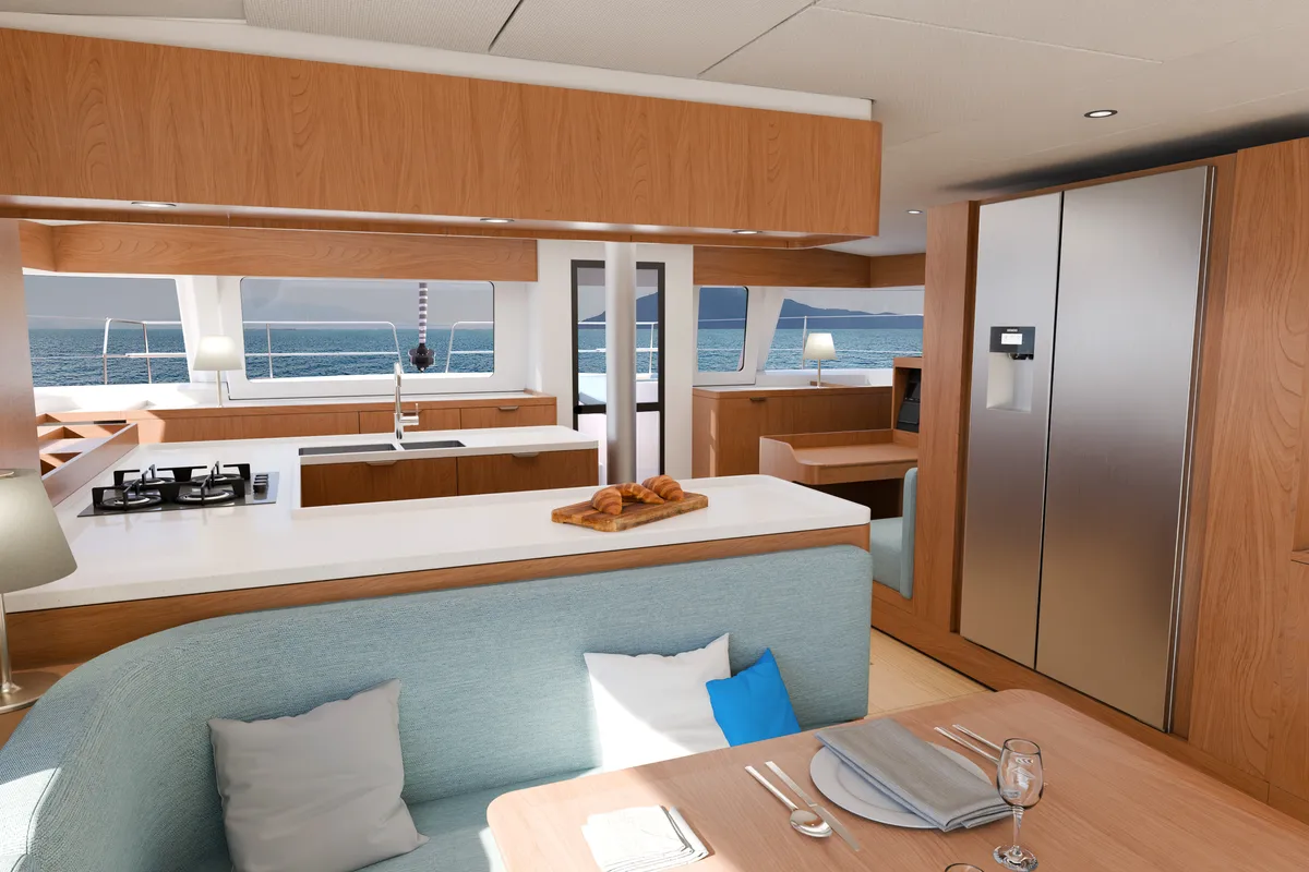 Salon of XIFIAS, a Bali 5.2 catamaran at Athens, Greece