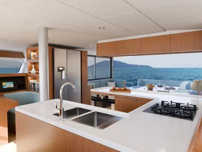 Galley of XIFIAS, a Bali 5.2 catamaran at Athens, Greece