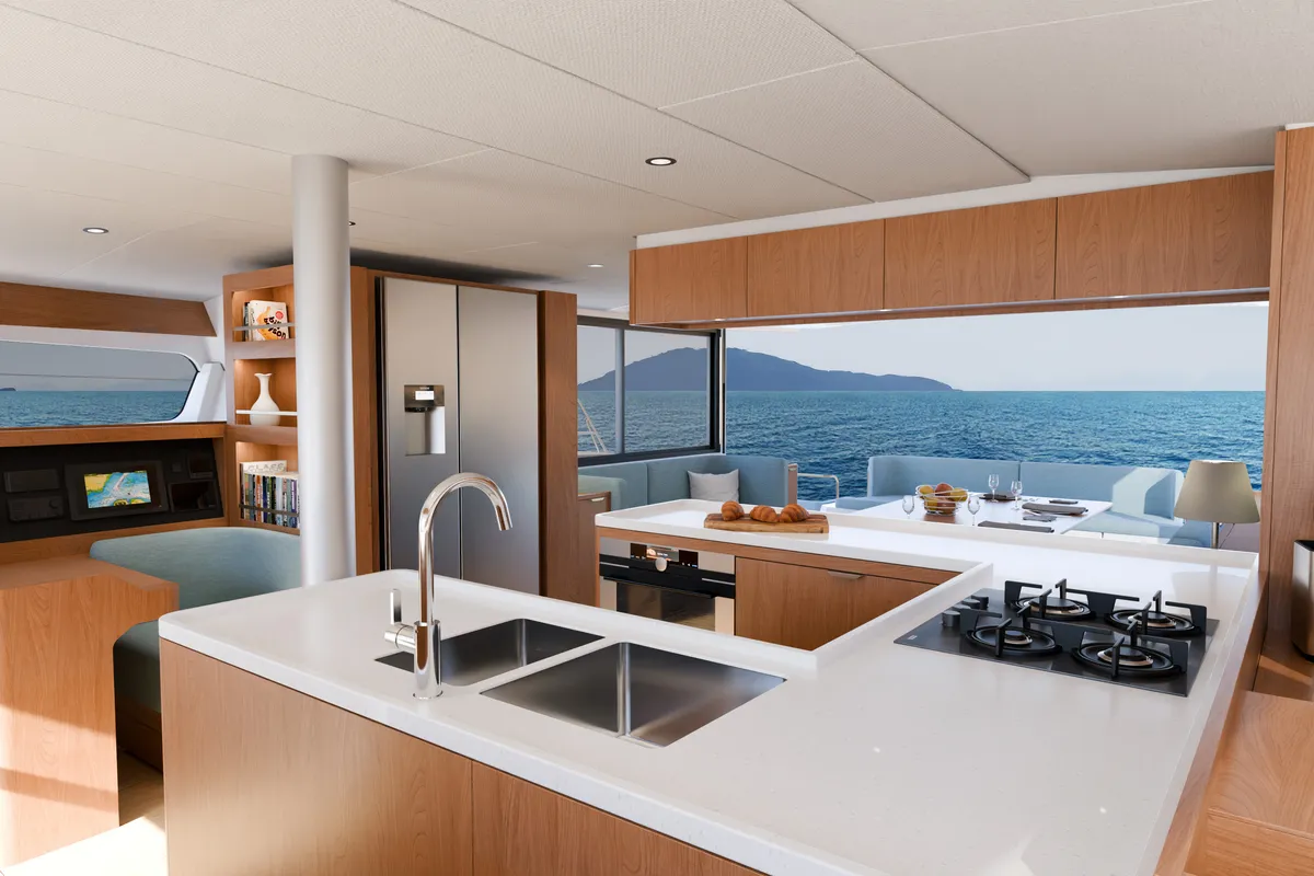 Galley of XIFIAS, a Bali 5.2 catamaran at Athens, Greece