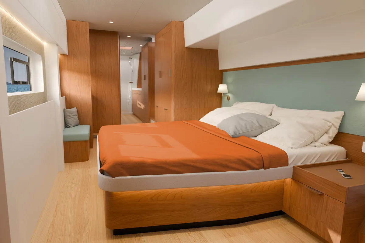 Cabin on XIFIAS, a Bali 5.2 catamaran at Athens, Greece