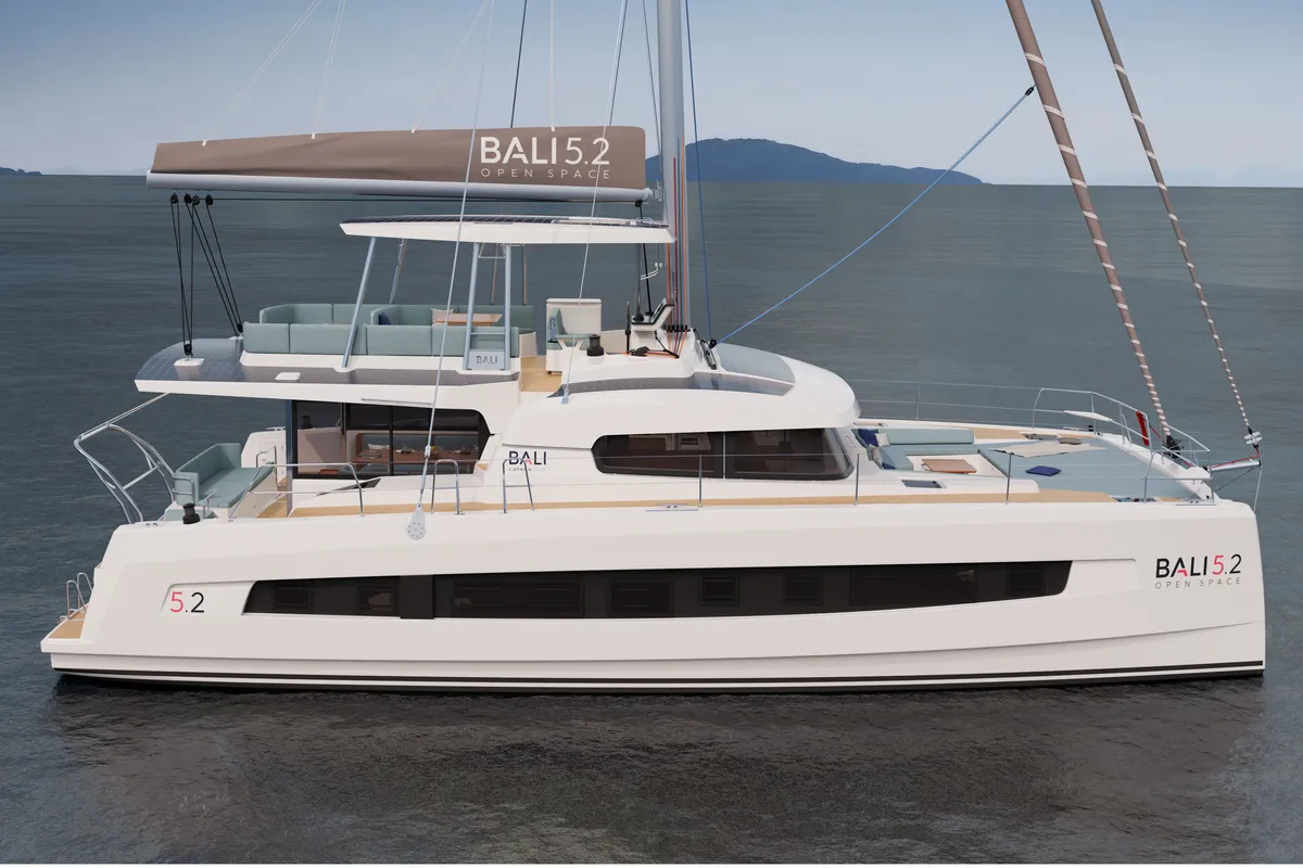 Exterior view of XIFIAS, a Bali 5.2 catamaran at Athens, Greece