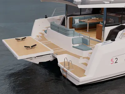 Deck of XIFIAS, a Bali 5.2 catamaran at Athens, Greece