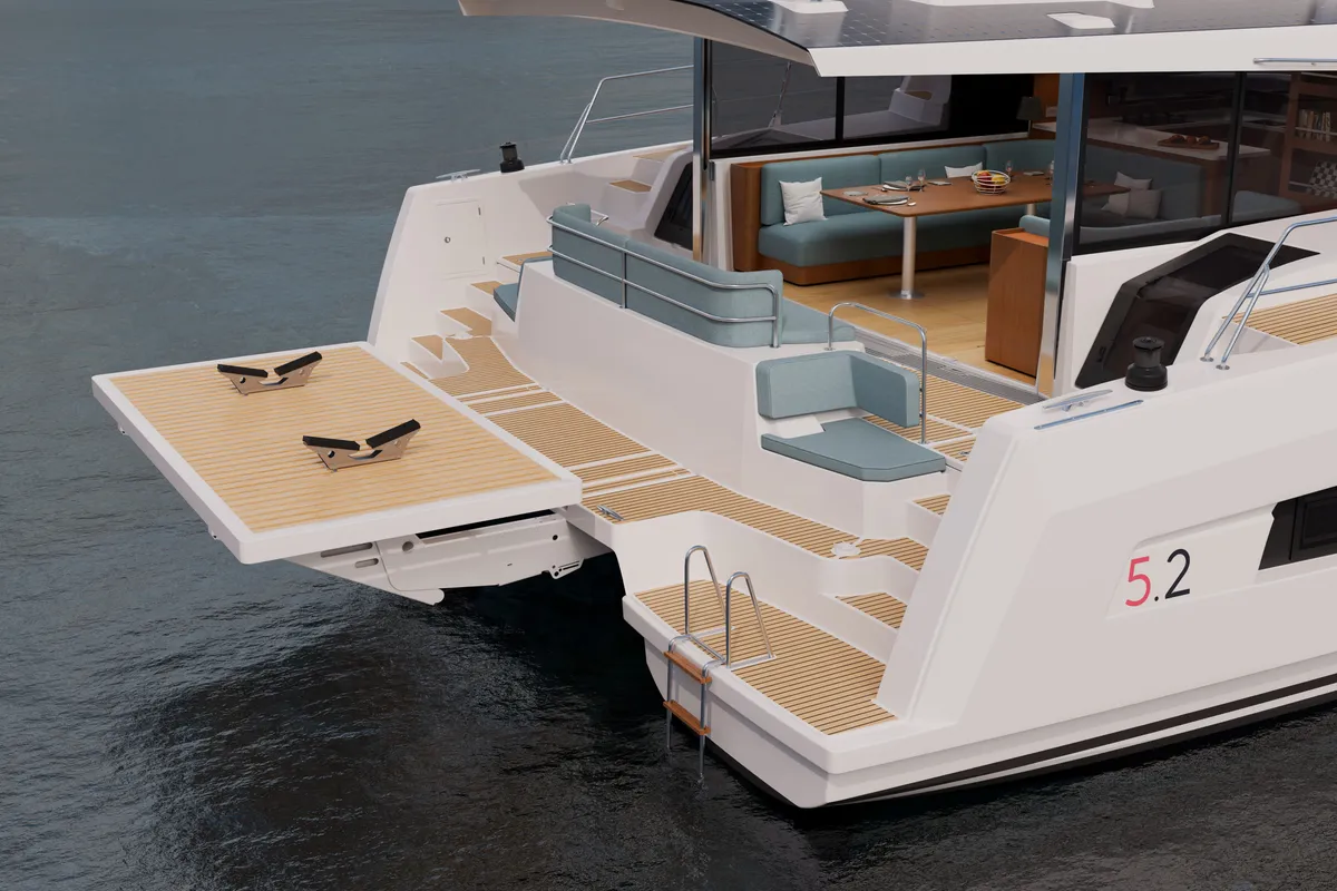 Deck of XIFIAS, a Bali 5.2 catamaran at Athens, Greece