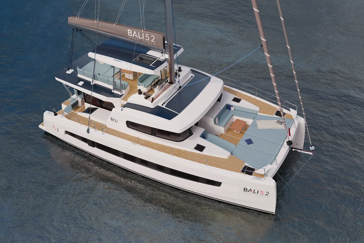 Exterior view of XIFIAS, a Bali 5.2 catamaran at Athens, Greece