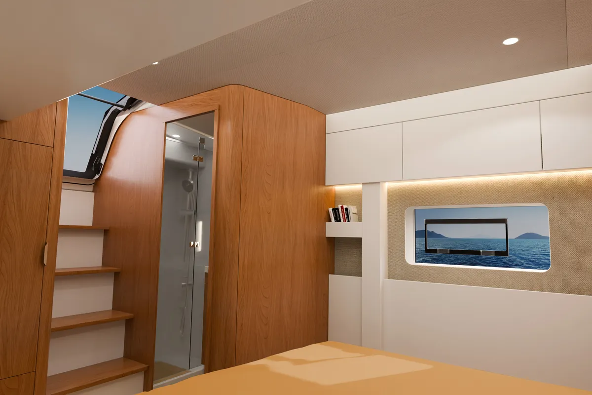 Cabin on XIFIAS, a Bali 5.2 catamaran at Athens, Greece