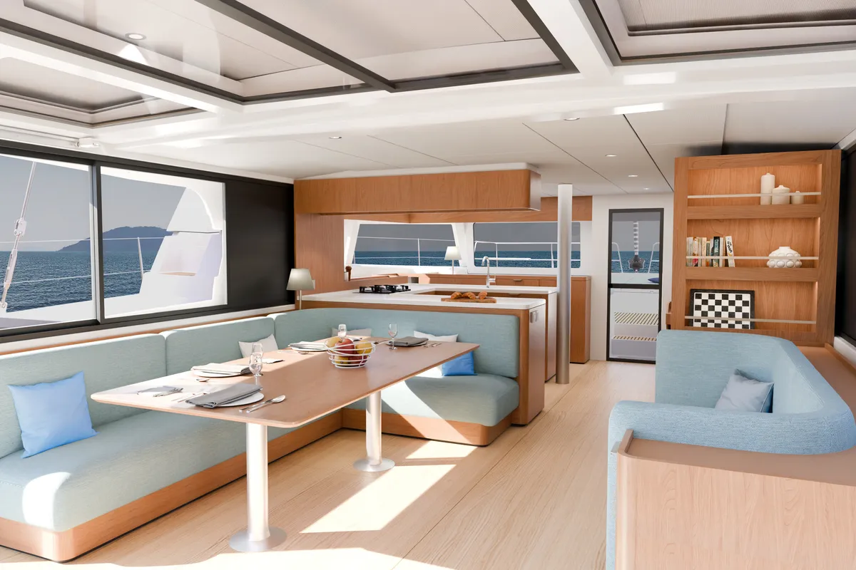 Salon of XIFIAS, a Bali 5.2 catamaran at Athens, Greece