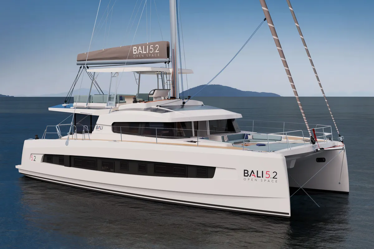 Exterior view of XIFIAS, a Bali 5.2 catamaran at Athens, Greece
