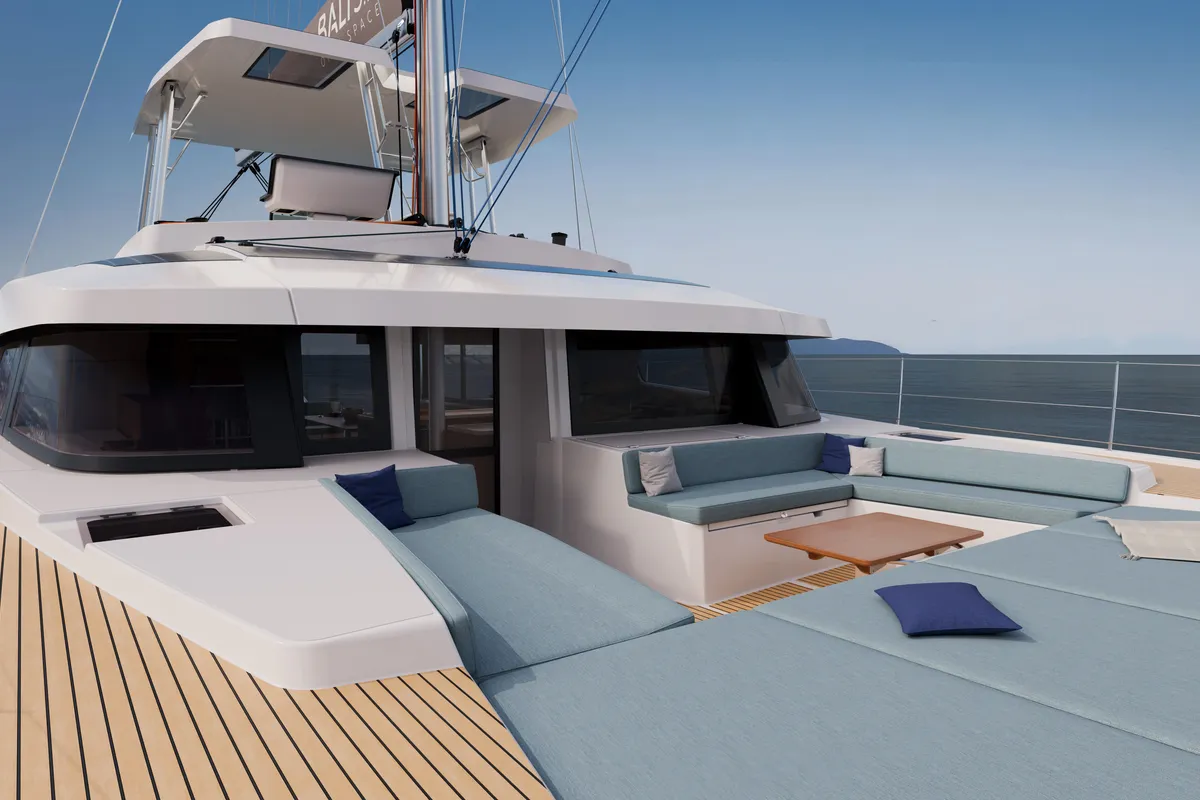 Deck of XIFIAS, a Bali 5.2 catamaran at Athens, Greece