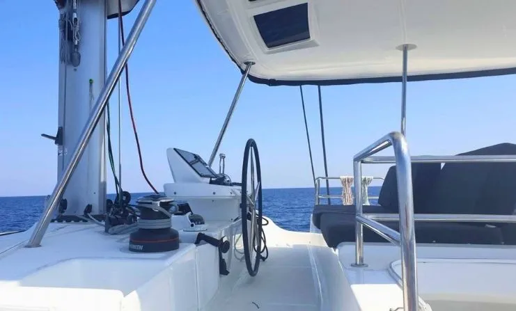 Cockpit of Thor, a Lagoon 50 catamaran at Olbia, Italy