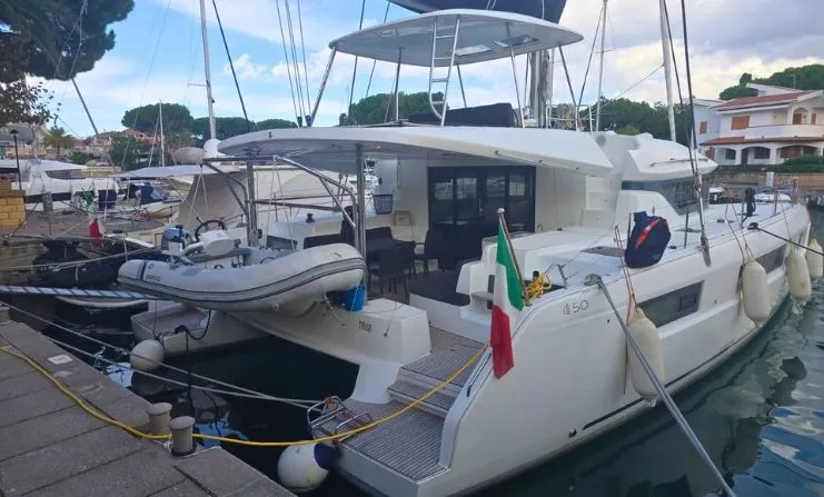 Exterior view of Thor, a Lagoon 50 catamaran at Olbia, Italy