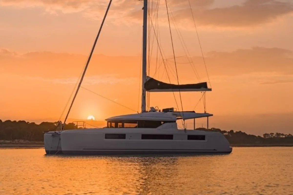 Exterior view of Thor, a Lagoon 50 catamaran at Olbia, Italy