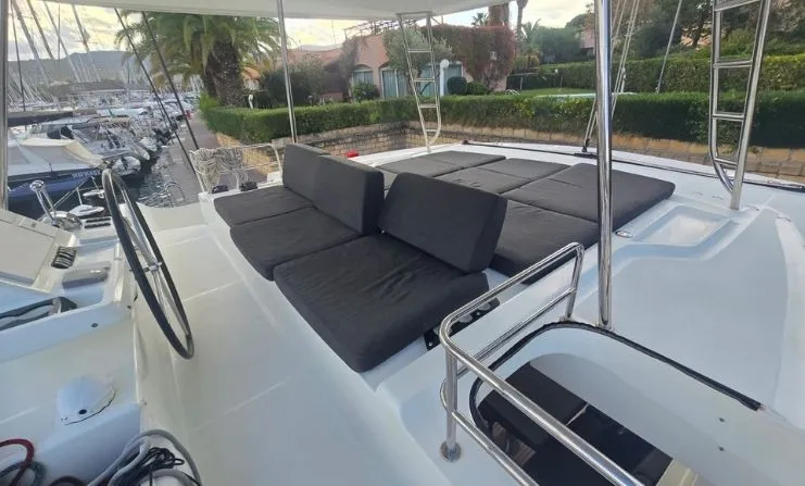 Cockpit of Thor, a Lagoon 50 catamaran at Olbia, Italy