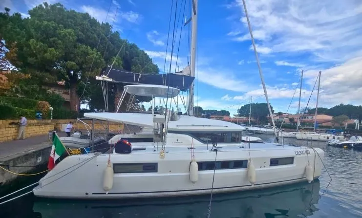Exterior view of Thor, a Lagoon 50 catamaran at Olbia, Italy