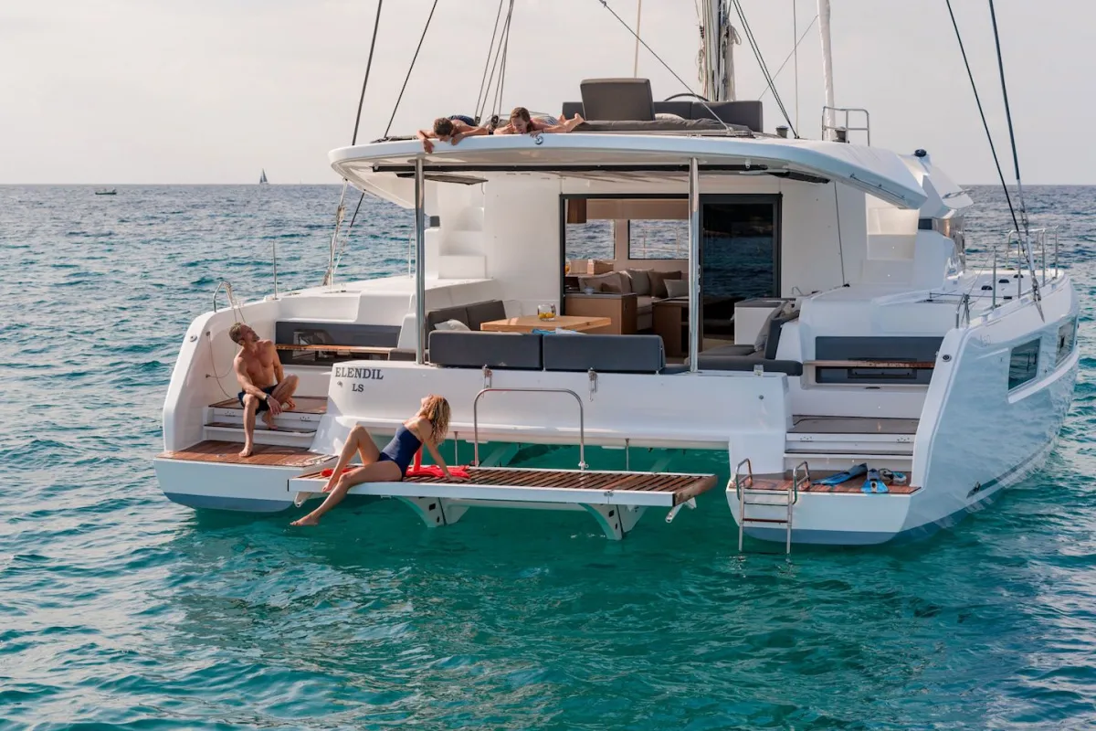 Exterior view of Thor, a Lagoon 50 catamaran at Olbia, Italy