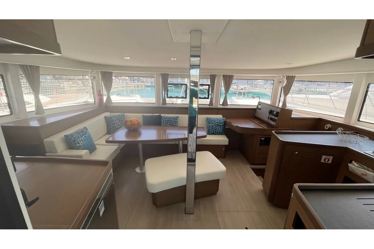 Salon of Bellatrix, a Lagoon 42 catamaran at Rosignano Solvay, Italy
