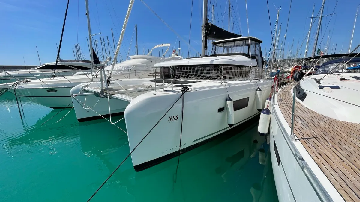 Exterior view of Bellatrix, a Lagoon 42 catamaran at Rosignano Solvay, Italy