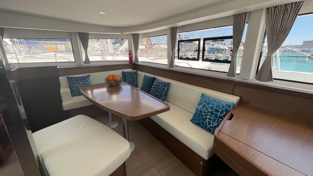 Salon of Bellatrix, a Lagoon 42 catamaran at Rosignano Solvay, Italy