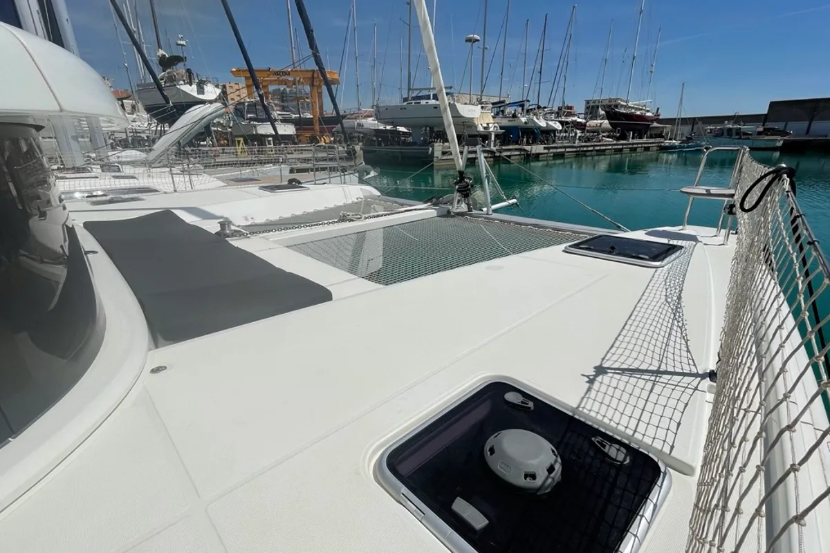 Deck of Bellatrix, a Lagoon 42 catamaran at Rosignano Solvay, Italy