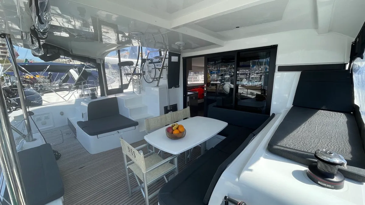 Deck of Bellatrix, a Lagoon 42 catamaran at Rosignano Solvay, Italy