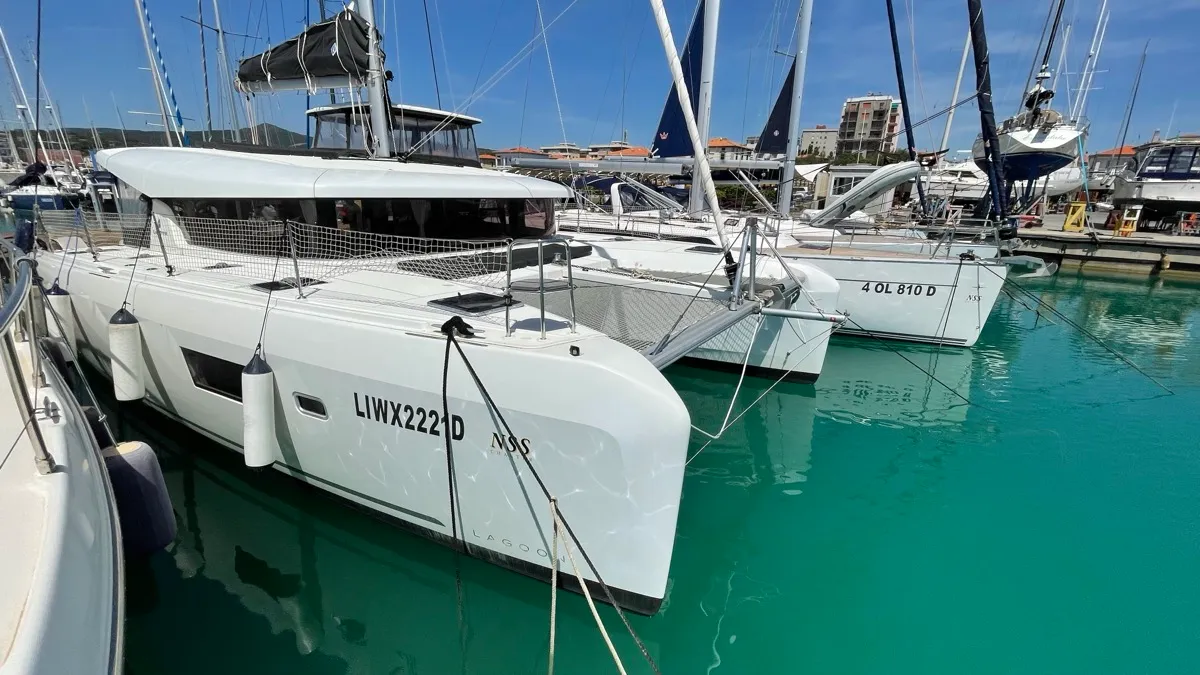 Exterior view of Bellatrix, a Lagoon 42 catamaran at Rosignano Solvay, Italy