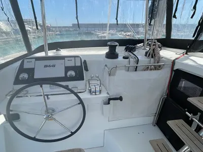 Cockpit of Bellatrix, a Lagoon 42 catamaran at Rosignano Solvay, Italy