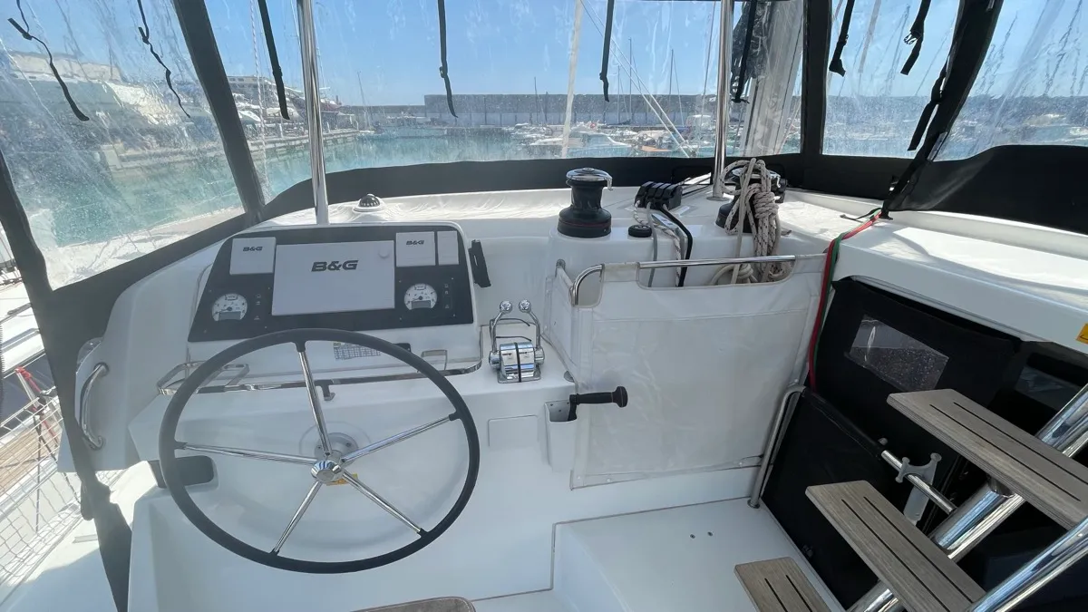Cockpit of Bellatrix, a Lagoon 42 catamaran at Rosignano Solvay, Italy