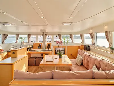 Salon of Sophia, a Lagoon 50 catamaran at Athens, Greece