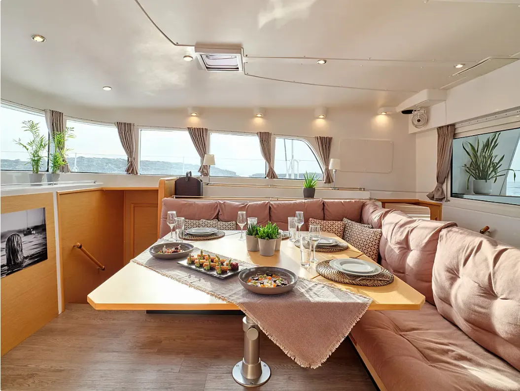 Salon of Sophia, a Lagoon 50 catamaran at Athens, Greece