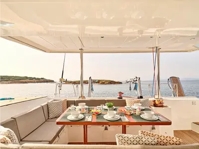Deck of Sophia, a Lagoon 50 catamaran at Athens, Greece