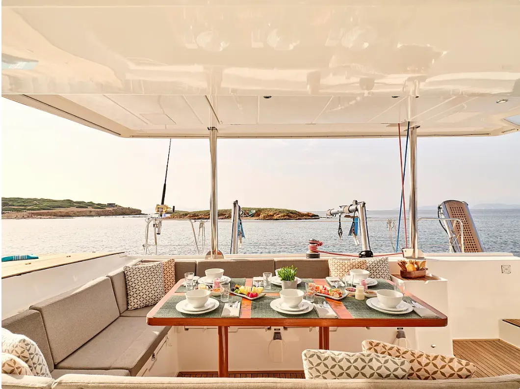Deck of Sophia, a Lagoon 50 catamaran at Athens, Greece