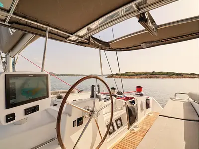 Cockpit of Sophia, a Lagoon 50 catamaran at Athens, Greece
