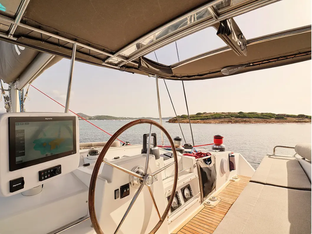 Cockpit of Sophia, a Lagoon 50 catamaran at Athens, Greece