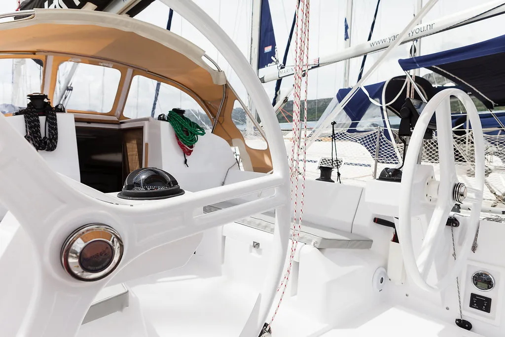 Cockpit of Škrlatica, a Elan E3 sailboat at Grad Kaštela, Croatia