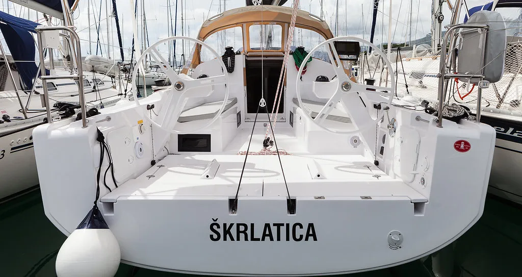 Deck of Škrlatica, a Elan E3 sailboat at Grad Kaštela, Croatia