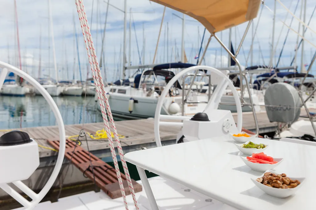 Deck of Škrlatica, a Elan E3 sailboat at Grad Kaštela, Croatia