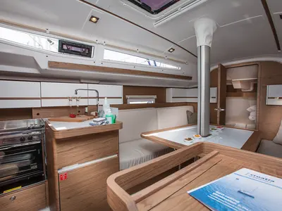 Galley of Škrlatica, a Elan E3 sailboat at Grad Kaštela, Croatia