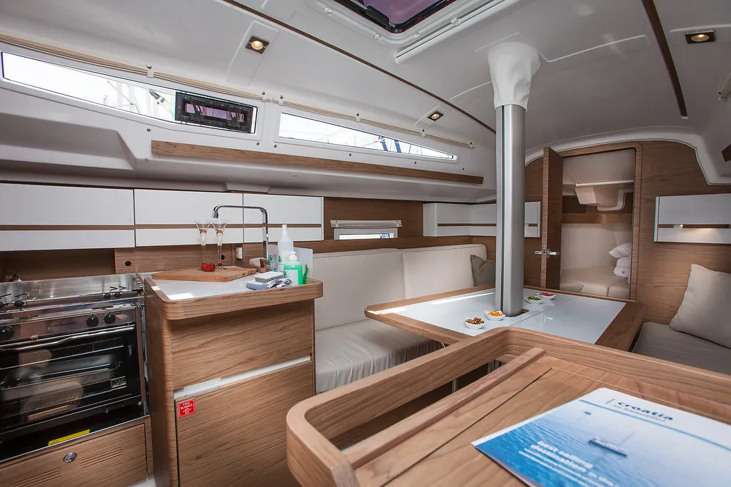 Galley of Škrlatica, a Elan E3 sailboat at Grad Kaštela, Croatia