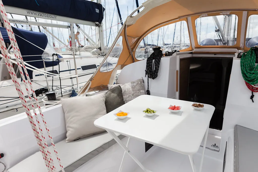 Deck of Škrlatica, a Elan E3 sailboat at Grad Kaštela, Croatia