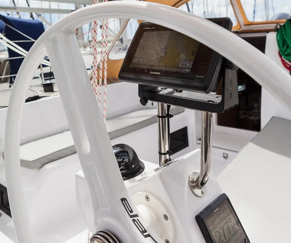 Cockpit of Škrlatica, a Elan E3 sailboat at Grad Kaštela, Croatia