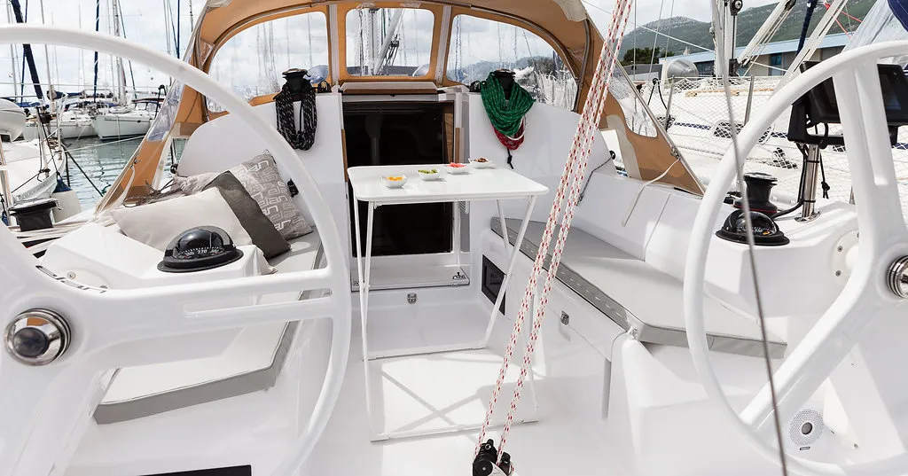 Deck of Škrlatica, a Elan E3 sailboat at Grad Kaštela, Croatia
