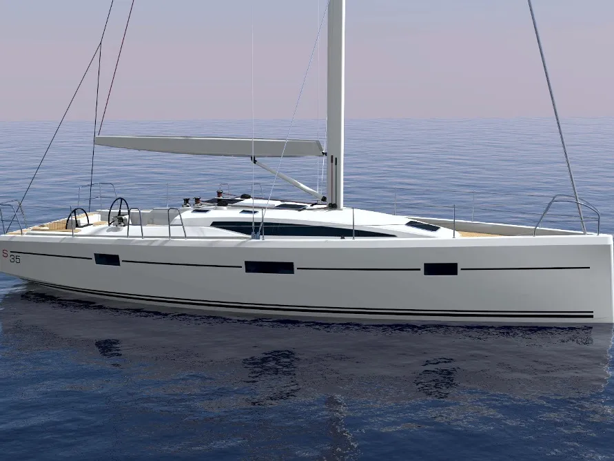 Exterior view of Guttiau, a Viko S 35 sailboat at Poltu Quatu, Italy