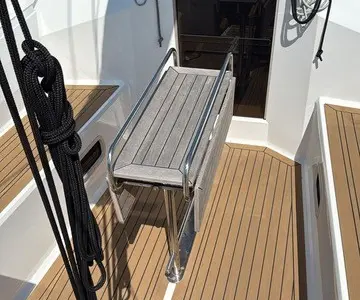 Deck of Guttiau, a Viko S 35 sailboat at Poltu Quatu, Italy